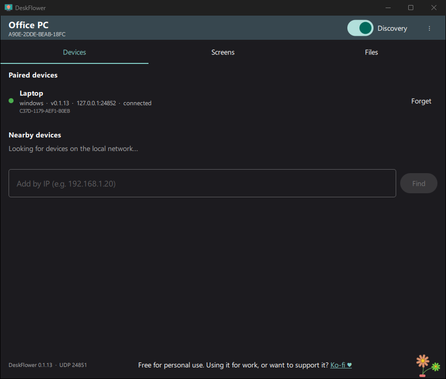 Devices tab: a paired laptop, connected