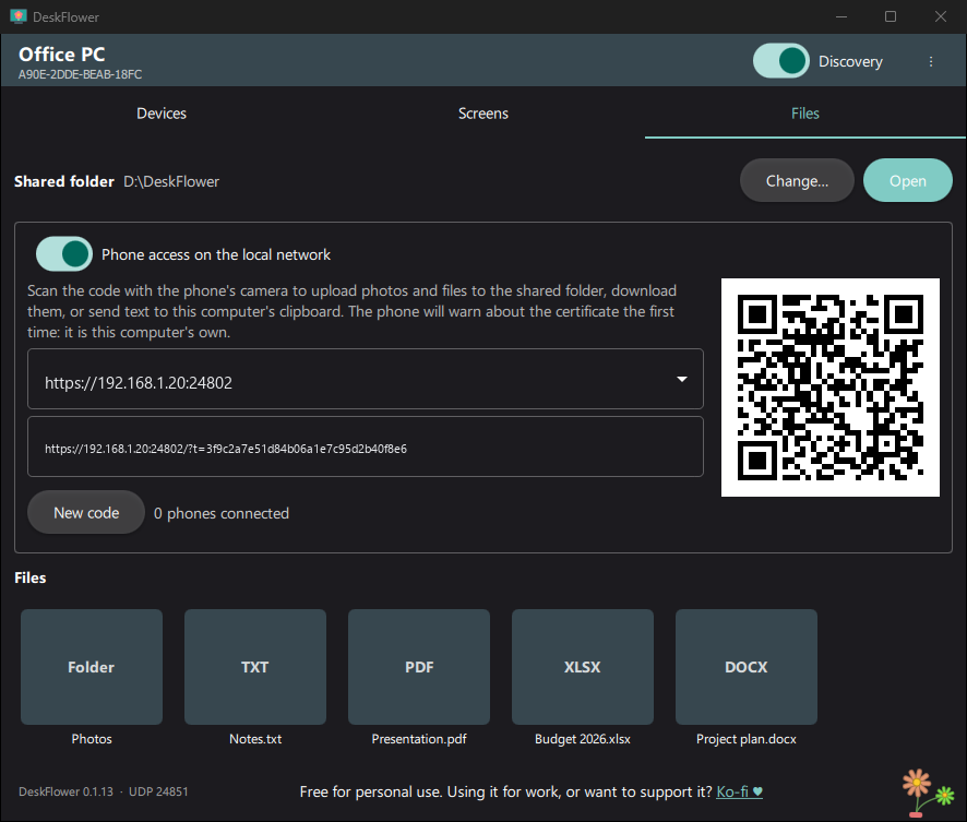 Files tab: shared folder, phone access QR code and files