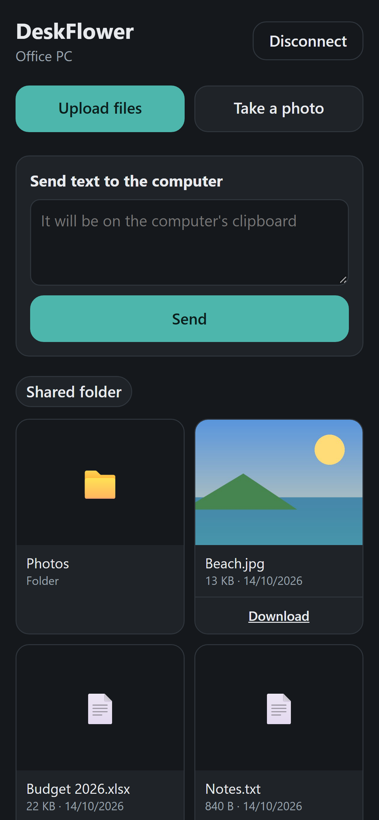 DeskFlower's page on a phone: upload files, take a photo, send text, shared folder
